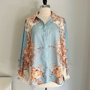 Pale blue with peach floral print linen texture button down collared top, XL NWT